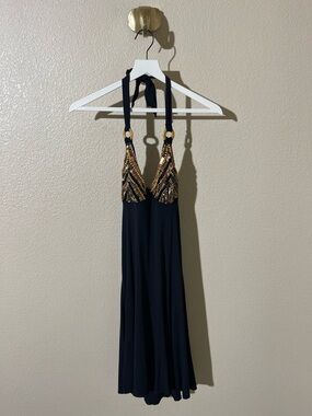 NWT Parah Black Halter Maxi Dress with Gold Sequin Bodice